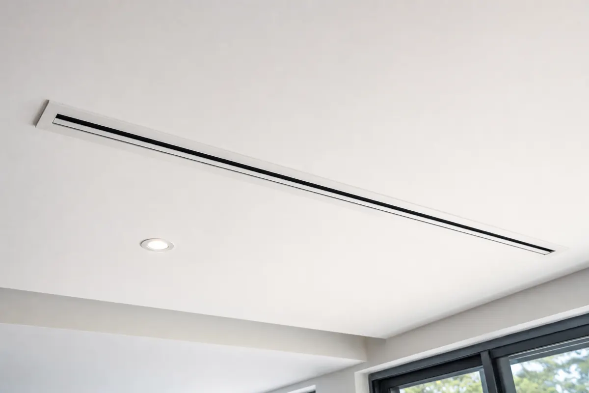 Slim linear slot vent of a ducted air conditioning system flush in a white ceiling