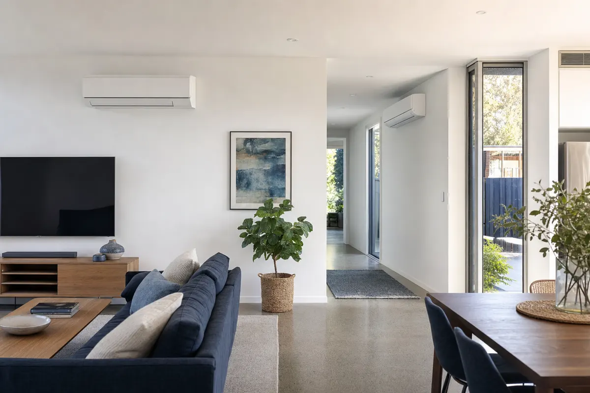 Open-plan home with two wall-hung split heads serving the living area and hallway