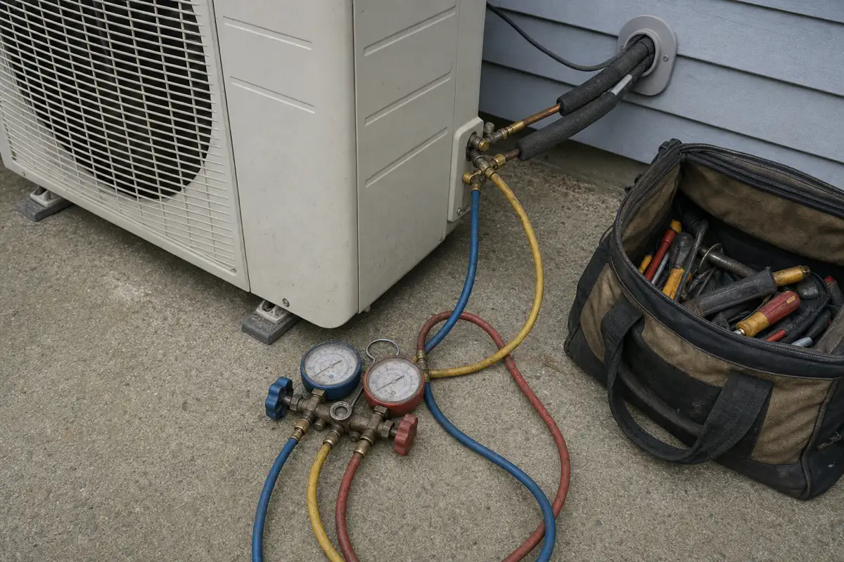 Manifold gauges and a tool bag laid out beside an outdoor air conditioning unit