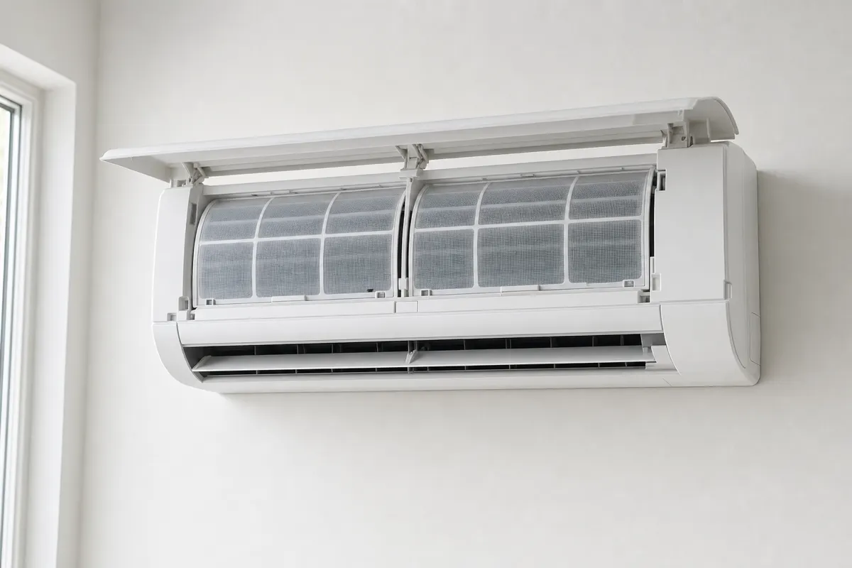 Wall-hung split with its cover lifted showing spotless clean filters